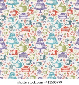 Seamless hand written pattern for tea time theme. With tea, cup, cake, and candy. Vector illustration