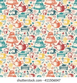 Seamless hand written pattern for tea time theme. With tea, cup, cake, and candy. Vector illustration