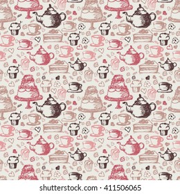 Seamless hand written pattern for tea time theme. With tea, cup, cake, and candy. Vector illustration