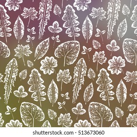 Seamless handcrafted pattern with autumn leaves. White leaves imprints. Vector seamless pattern Isolated on blurred background. Stamp texture