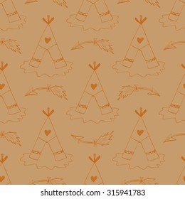 seamless hand-draw ethnic native american indian pattern with wigwam and arrows