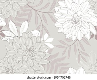Seamless hand-drawing floral background with flower dahlia. Vintage illustration for design of wallpaper, gift paper packaging.