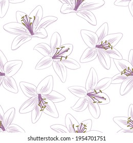 Seamless hand-drawing floral pattern  with flower lilies. Illustration for design of wallpaper, gift paper packaging.