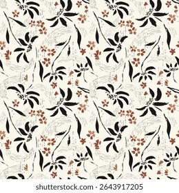 Seamless hand-drawn abstract flower pattern. This tileable botanical design features artistic floral elements, perfect for textile, wallpaper, and digital background use