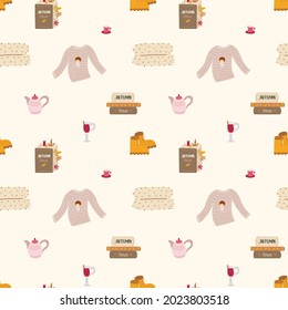 Seamless hand-drawn autumn mood pattern with books, sweater, blanket, boots, hot wine, teapot on beige background. For prints, backgrounds, wrapping paper, textile, linen, wallpaper, etc. 