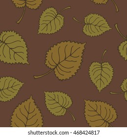 Seamless hand-drawn autumn pattern with colorful fallen leaves on dark brown background.