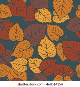 Seamless hand-drawn autumn pattern with fallen leaves on dark blue background.
