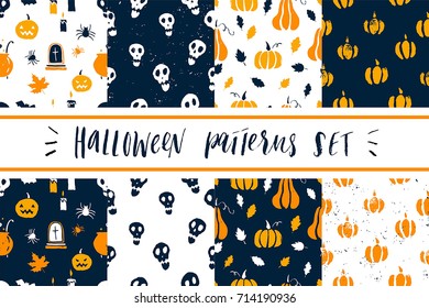Seamless hand-drawn autumn pattern set. Vector halloween Hand drawn background for design and decoration textile, covers, package, wrapping paper. Scandinavian style background pattern in vector