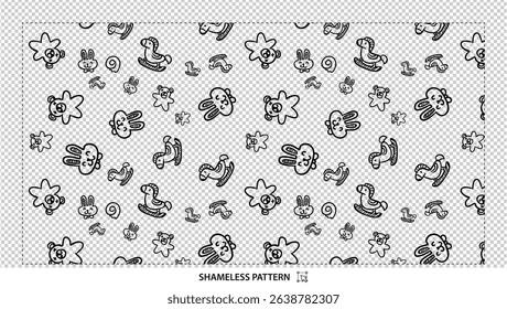 Seamless hand-drawn baby toys pattern with cute black and white doodles on transparent background