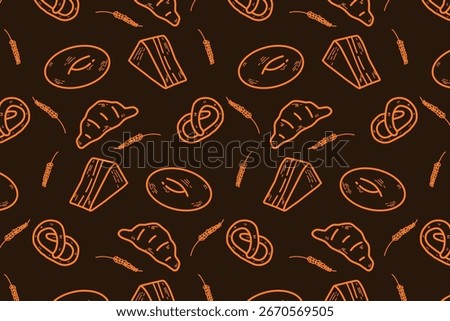 Seamless hand-drawn bakery pastry pattern with croissant, pretzel, bread, cheese, and wheat sketch icons in black and orange.