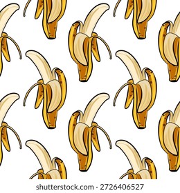 Patrón de cáscara de plátano dibujado a mano sin fisuras sobre fondo blanco. Ilustración de fruta estilizada con contorno desigual en estilo de dibujos animados juguetón, diseñado para el diseño de superficies, embalaje, tela y papel de embalaje.