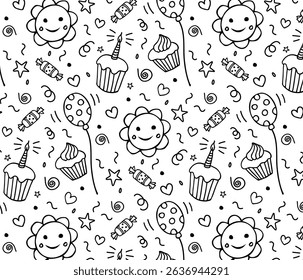 Seamless hand-drawn birthday pattern with cupcakes, balloons, smiling flowers, and party elements. Playful black and white doodle style. Perfect for kids' designs, wrapping paper, and stationery.