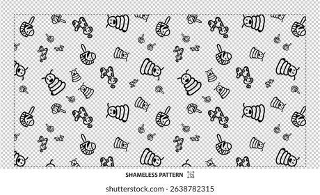 Seamless hand-drawn black and white baby toys pattern with cute doodle elements on transparent background