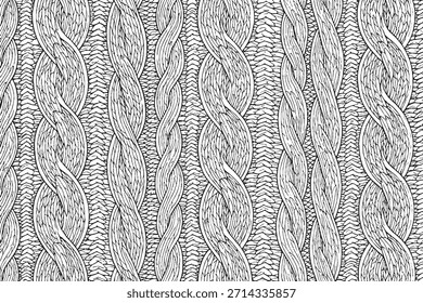 Textura de patrón de suéter de punto de cable blanco y negro dibujado a mano sin costuras