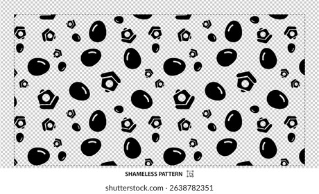 Seamless hand-drawn black and white geometric shapes pattern with hexagons and circles on transparent background