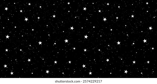 Seamless hand-drawn black and white illustration of a starry night sky with detailed stars. Perfect for prints, digital projects, web backgrounds, web templates, and versatile creative designs. 