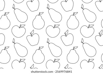 Seamless hand-drawn black and white pattern of apples and pears, perfect for coloring books or creative projects.