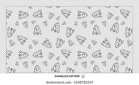 Seamless hand-drawn black and white rocket and space ship pattern on transparent background