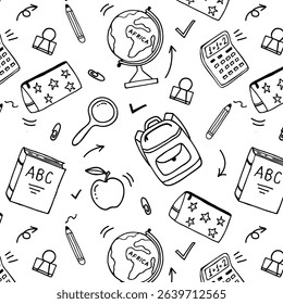 Seamless hand-drawn black and white vector pattern with study, school, and office supplies. Perfect for Back to School designs, stationery, fabric prints, packaging, posters, and digital backgrounds.