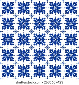 Seamless hand-drawn blue and white folk tile pattern. Inspired by traditional Mediterranean ceramics. Ideal for fabric, wallpaper, packaging, stationery, and elegant vintage-inspired designs.


