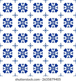 Seamless hand-drawn blue and white folk tile pattern. Inspired by traditional Mediterranean ceramics. Ideal for fabric, wallpaper, packaging, stationery, and elegant vintage-inspired designs.


