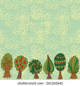 Seamless hand-drawn border pattern with doodle forest tree