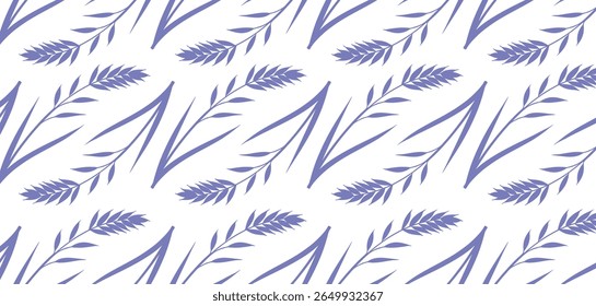 Seamless hand-drawn botanical leaf pattern in soft purple on white background. Elegant and minimalist nature-inspired design for fabric, wallpaper, or stationery. Repeating foliage motif vector.
