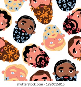 Seamless hand-drawn cartoon guy patterns with beard and flowers. A bearded hipster with flowering plants. Vector illustration on an isolated white background. Cute graphic design. Wallpaper, textiles.