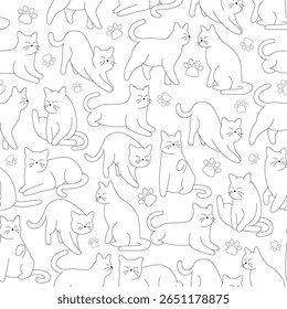 Seamless hand-drawn cat pattern line art on white background