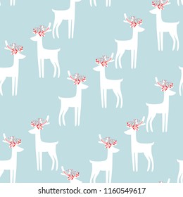 Seamless hand-drawn Christmas deer pattern. Vector abstract Hand drawn background for design and decoration textile, covers, package, wrapping paper. Scandinavian style blue background.