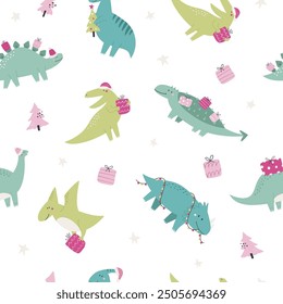 Seamless Hand-Drawn Christmas Dinosaur Pattern. Festive Dino Design