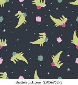 Nahtloses handgezeichnetes Weihnachts-Dinosaurier-Muster. Festliches Dino-Design