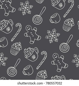Seamless hand-drawn Christmas and New Year pattern.Vector abstract Hand drawn background for design and decoration textile, covers, package, wrapping paper. Doodles illustration
