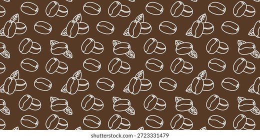 Padrão de contorno de folha e feijão de café desenhado à mão sem costura em um fundo marrom rico para projetos temáticos de bebida