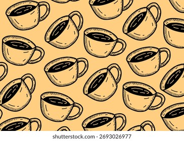 Patrón de taza de café dibujado a mano sin fisuras en estilo doodle, ideal para diseño de cafetería, empaque y Fondo de pantalla. Fondo de crema