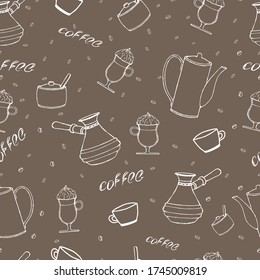 Seamless hand-drawn coffee with letters. Creative design on a dark background for banners, fabric prints. Repeating texture for cafe menu, wrapping paper store.Vector illustration.