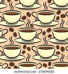 Nahtlose handgezeichnete Kaffeemaschine. Cup und Kaffeebohnen. Hintergrund für Café, Restaurant, Café oder Menü. Vektorgrafik.