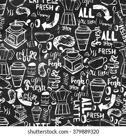 Seamless hand-drawn coffee pattern with lettering.Creative design  on dark background for wrapping, banners