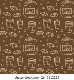 Seamless hand-drawn coffee pattern on brown background. Pattern of takeaway coffee beans, cups, macarons. Perfect for cafe branding, packaging, textile print, wrapping paper design, hot drink espresso