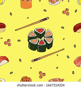 seamless hand-drawn colorful Japanese pattern with popular traditional multicolored yummy kind of sushi and rolls on yellow background