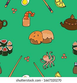 seamless hand-drawn colorful Japanese pattern with popular traditional multicolored appetizing kind of sushi and rolls on green background