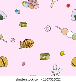 seamless hand-drawn colorful Japanese set with popular traditional multicolored yummy kind of asian dessert on light-pink background