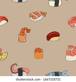 seamless hand-drawn colorful Japanese set with popular traditional multicolored tasty kind of asian sushi and rolls on light-grey background