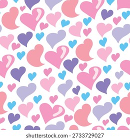 Seamless hand-drawn Valentine’s Day pattern with colorful pastel hearts, mostly pink. Playful and romantic design perfect for textiles, wrapping paper, stationery, greeting cards, and surface prints.