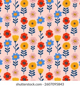 Seamless hand-drawn and digitally enhanced pattern with colorful springtime flowers. For wrapping, card background, interior design, and textiles. Festive day vector banner.