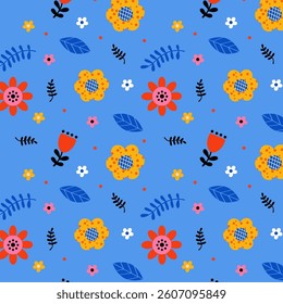 Seamless hand-drawn and digitally enhanced pattern with colorful springtime flowers. For wrapping, card background, interior design, and textiles. Festive day vector banner.