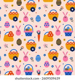 Seamless hand-drawn and digitally enhanced pattern with Easter symbols, bunny, basket, flower, egg. For wrapping, card background, interior design, and textiles. Festive day vector banner.
