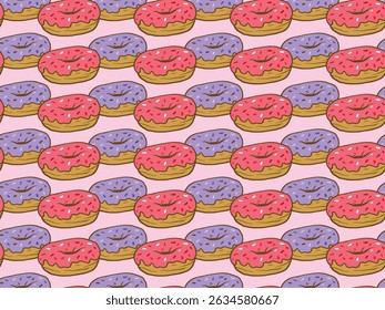 Seamless hand-drawn donut pattern with pink and purple icing. Perfect for packaging, textiles, cafe branding, wrapping paper, and digital backgrounds.