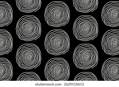 Círculos com garatujas desenhados à mão em um plano de fundo preto. Ideal para tecido, embalagem, papéis de parede e branding. Estilo moderno mínimo com textura espiral hipnótica.