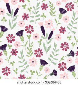 Seamless hand-drawn doodle floral pattern with lots of plants and flowers. Vector illustration. Garden story collection.